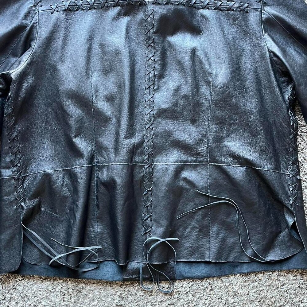 Vintage Newport News Black Genuine Leather Jacket Women 26W Fringe Lace Up Biker - Picture 6 of 8